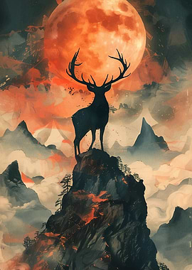 Deer Silhouette Under Red Moon