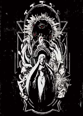 Monochrome Horror Art with Nun Figure