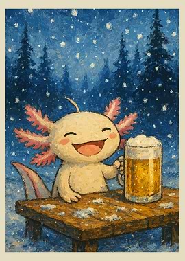 Axolotl with Beer in Winter Scene
