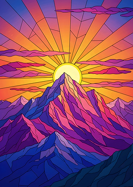 Colorful Mountain Sunset Stained Glass Art