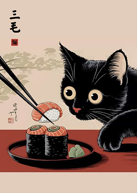 Black Cat and Sushi Art