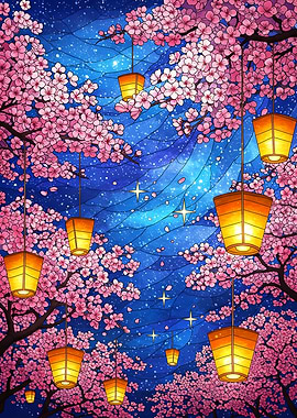 Cherry Blossoms and Lanterns at Night