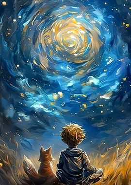 Boy and Fox Gazing at Galaxy