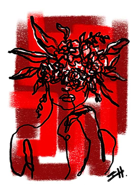 Floral Woman Line Art in Red
