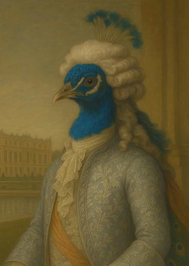 Peacock Portrait in Rococo Style - Rococo Peacock | Aristocratic Bird Portrait