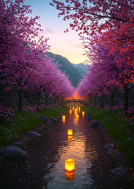 Cherry Blossom Lantern River
