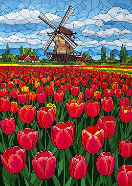 Tulip Field with Windmill Stained Glass