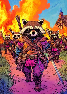 Raccoon Warriors Burning Village