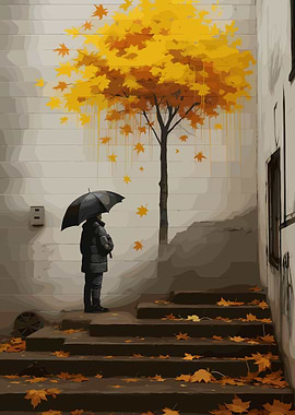 Autumn Rain Scene with Figure