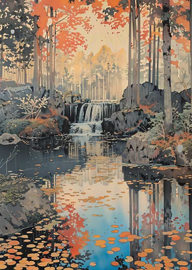 Autumn Waterfall Landscape Painting