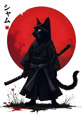 Samurai Cat with Katana and Red Moon