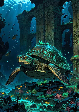 Underwater Turtle with Ruins