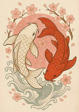 Koi Fish Yin Yang with Cherry Blossoms