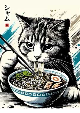 Cat Eating Ramen Noodles