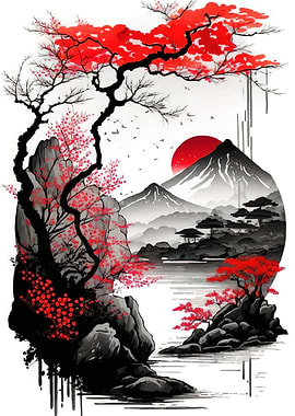 Japanese Landscape Red Trees