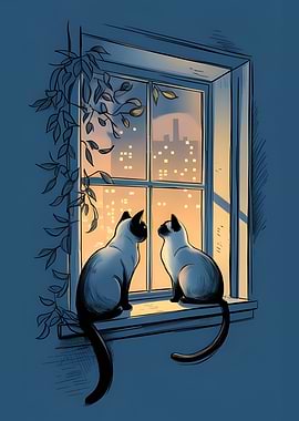 Cats at Window, City Lights