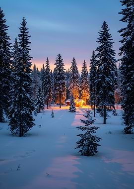 Winter Cabin in Snowy Forest