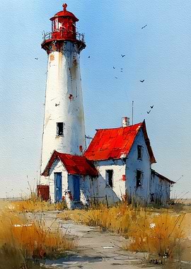 Watercolor Lighthouse with Red Roof House