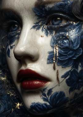 Porcelain Tears Kintsugi Woman in Blue and Gold