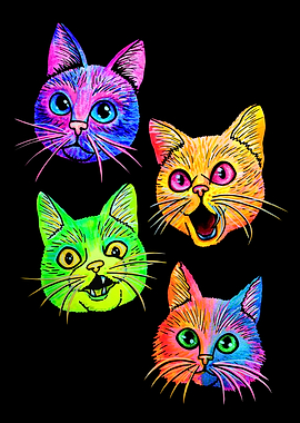 Cute Colorful Cats on Black Background