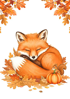 Sleeping Fox with Squirrel and Pumpkin