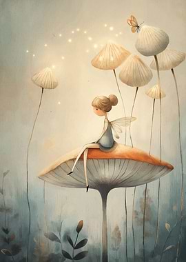Fairy on Mushroom with Butterfly