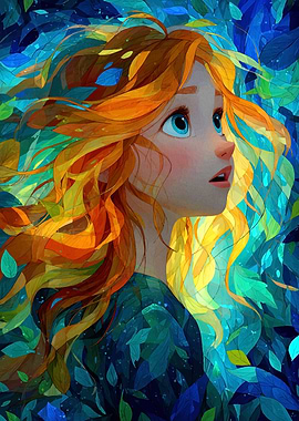 Red-haired girl in a leafy background