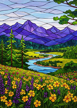 Stained Glass Mountain Landscape