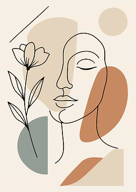 Abstract Face with Flower Line Art