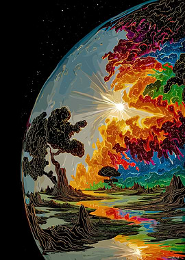 Colorful Planet Landscape with Starry Sky