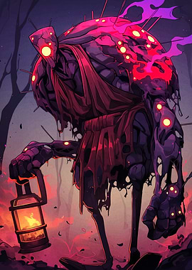 Glowing Monster with Lantern in Dark Forest
