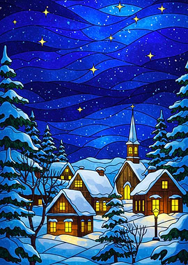 Winter Village Stained Glass Illustration