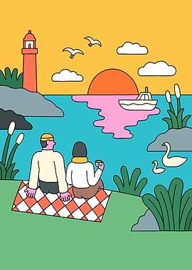 Couple's Lakeside Picnic at Sunset Illustration