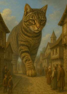Giant Cat in Medieval Village