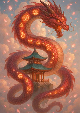 Red Dragon with Japanese Pagoda