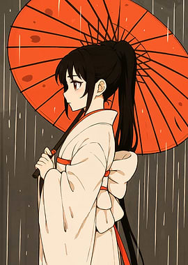 Anime Girl with Umbrella in Rain