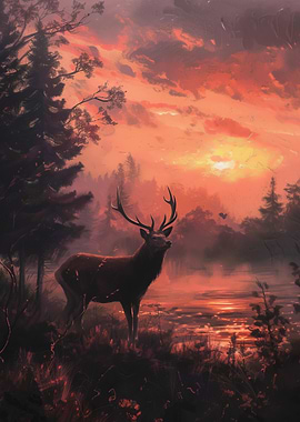 Deer in Forest at Sunset