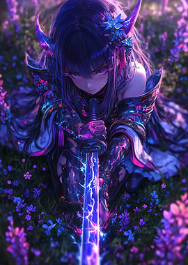 Anime Girl Sword Flower Field