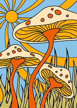 Retro Mushroom Field with Sun