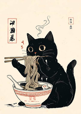 Black Cat Eating Ramen Noodles