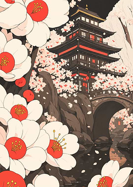 Japanese Temple with Cherry Blossoms