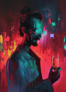 Man with Drink in Neon City