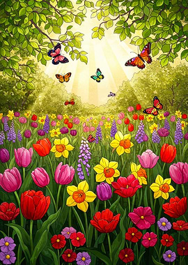 Colorful Spring Meadow with Butterflies