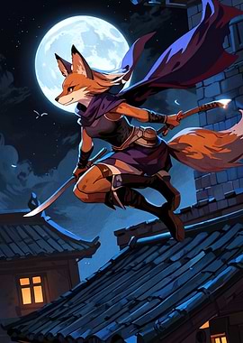 Fox Ninja on Rooftop at Night