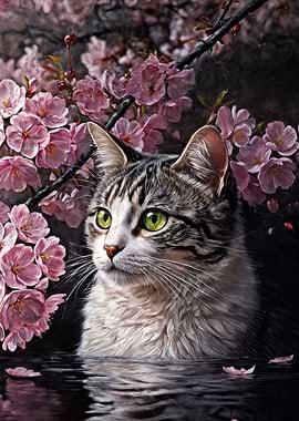 Cat with Cherry Blossoms