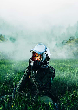 Astronaut with Flowers in Helmet
