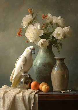 Still Life With Parrot And Flowers
