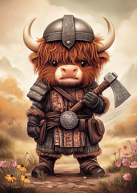 Cute Highland Cow Viking Warrior