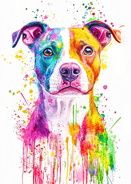 Colorful Pitbull Watercolor Portrait - Vibrant Watercolor Pitbull | Artistic Canine
