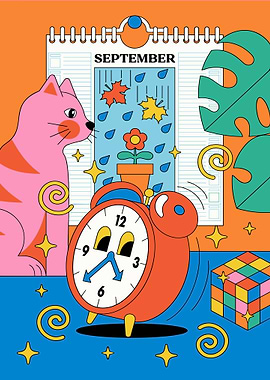 September Alarm Clock Whimsical Illustration